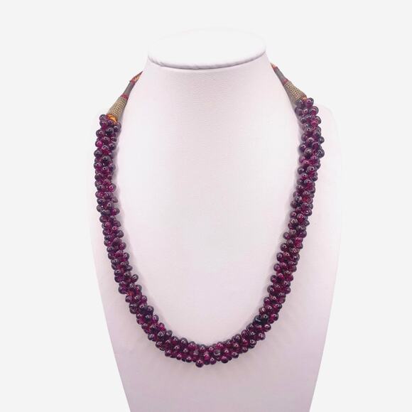VTG Red Carved Garnet Gems Beads Woven Rope Cord 27" Bead Necklace Adjustable - Picture 4 of 6